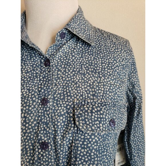 Guess 1981 Denim Top Womens XS Blue Polka Dot Shirt 100% Cotton Chambray Long - Picture 3 of 12
